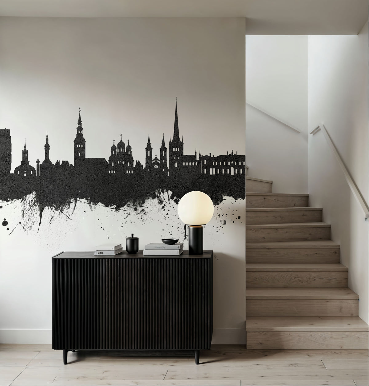 Tallinn Estonia Skyline Black & White Mural Wallpaper - room preview 05