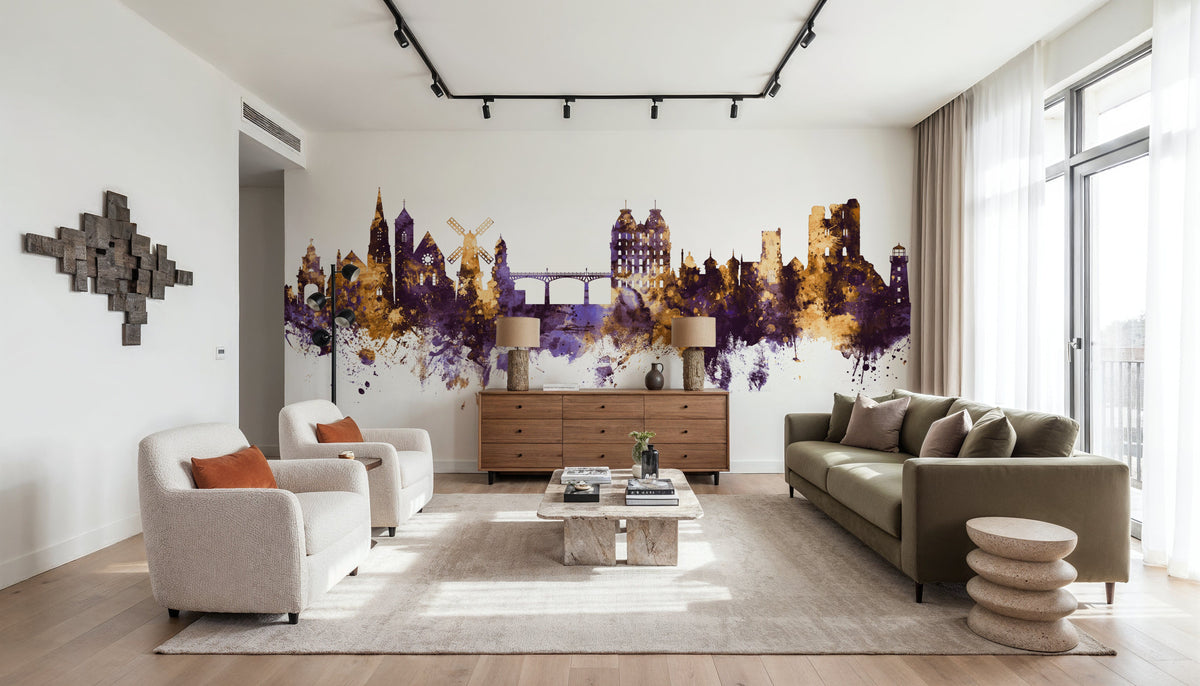 Scarborough England Skyline Purple & Gold Mural Wallpaper - room preview 05