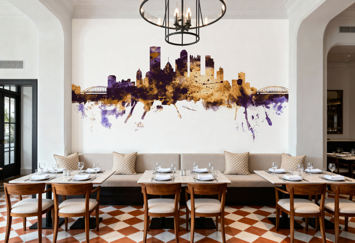Pittsburg Pennsylvania Skyline Purple & Gold Mural Wallpaper - room preview 05
