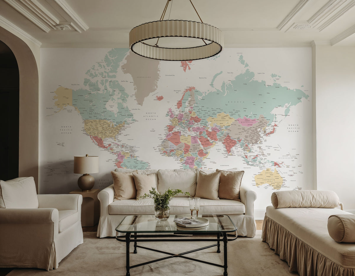 World Map Cities - Pastella Mural Wallpaper - room preview 05