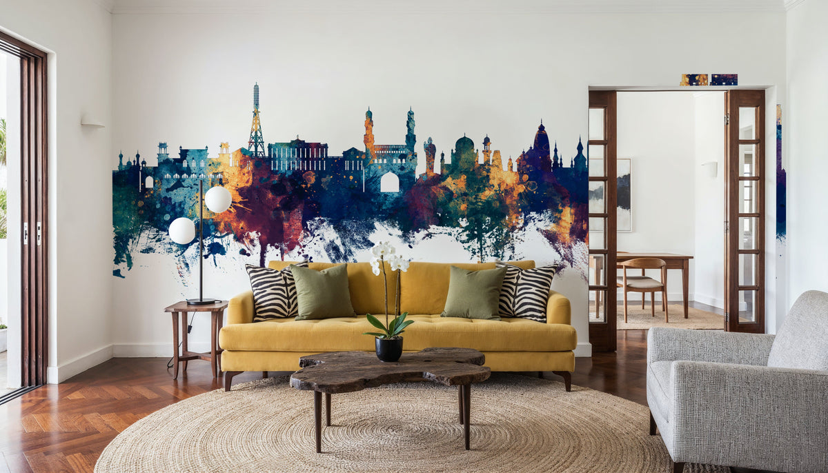 Hyderabad Skyline Blue & Bronze Mural Wallpaper - room preview 05