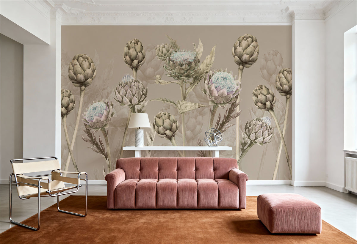 Artichoke Blooms, Mocha Mural Wallpaper - room preview 05