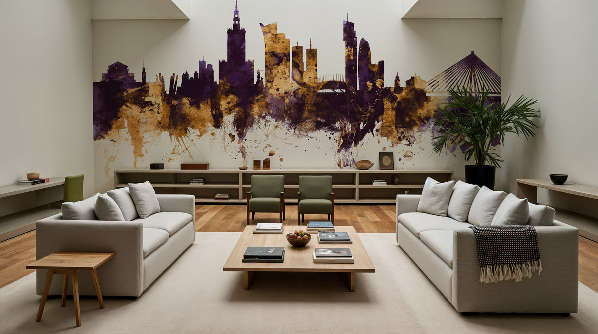 Warsaw Poland Skyline Purple & Gold Mural Wallpaper - room preview 05