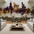 Warsaw Poland Skyline Purple & Gold Mural Wallpaper - room preview 05