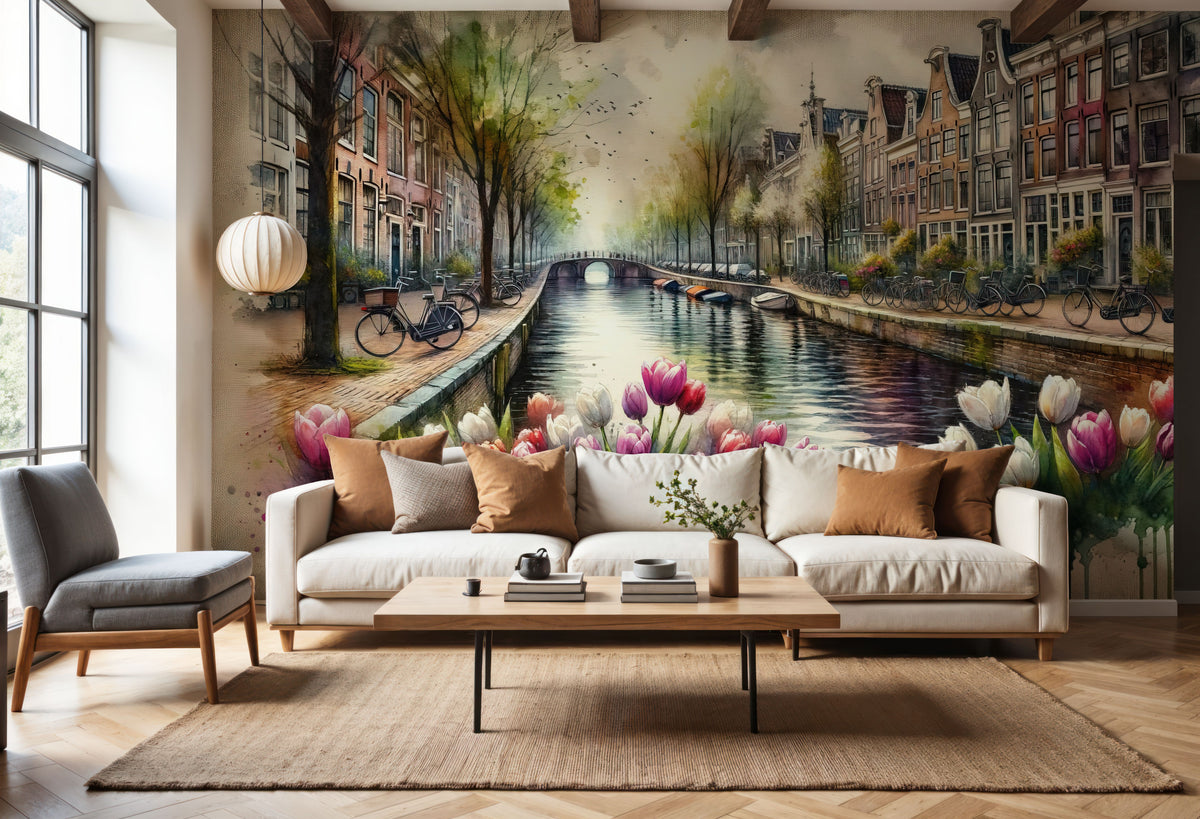 Watercolor Canal Scene Dutch Houses Mural Wallpaper - room preview 05