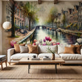 Watercolor Canal Scene Dutch Houses Mural Wallpaper - room preview 05