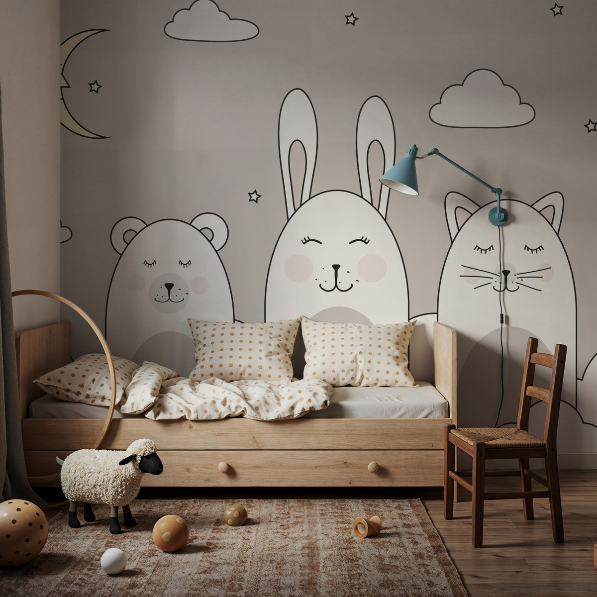 Sleeping Bunny Gray Mural Wallpaper - room preview 05