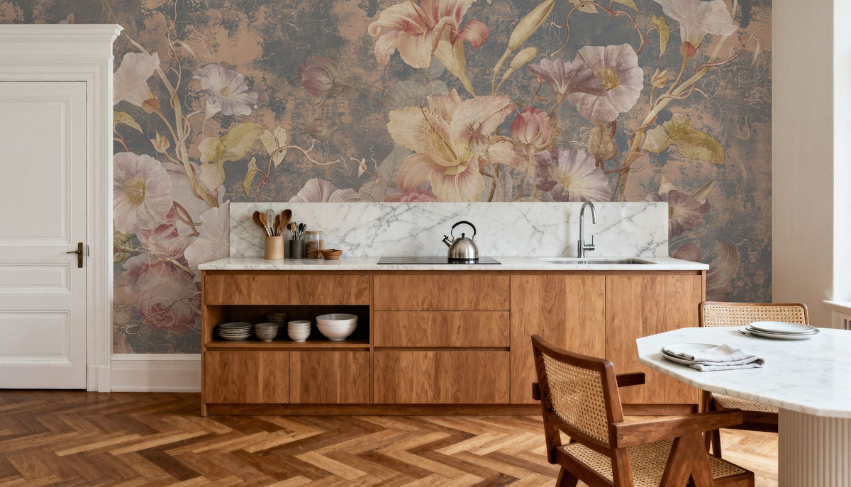 Floral Grunge Singing Mural Wallpaper - Red Tone - room preview 05