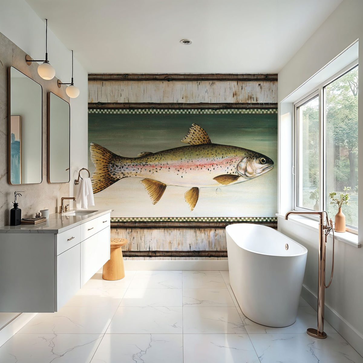 Rainbow Trout Birch Border Mural Wallpaper - room preview 05