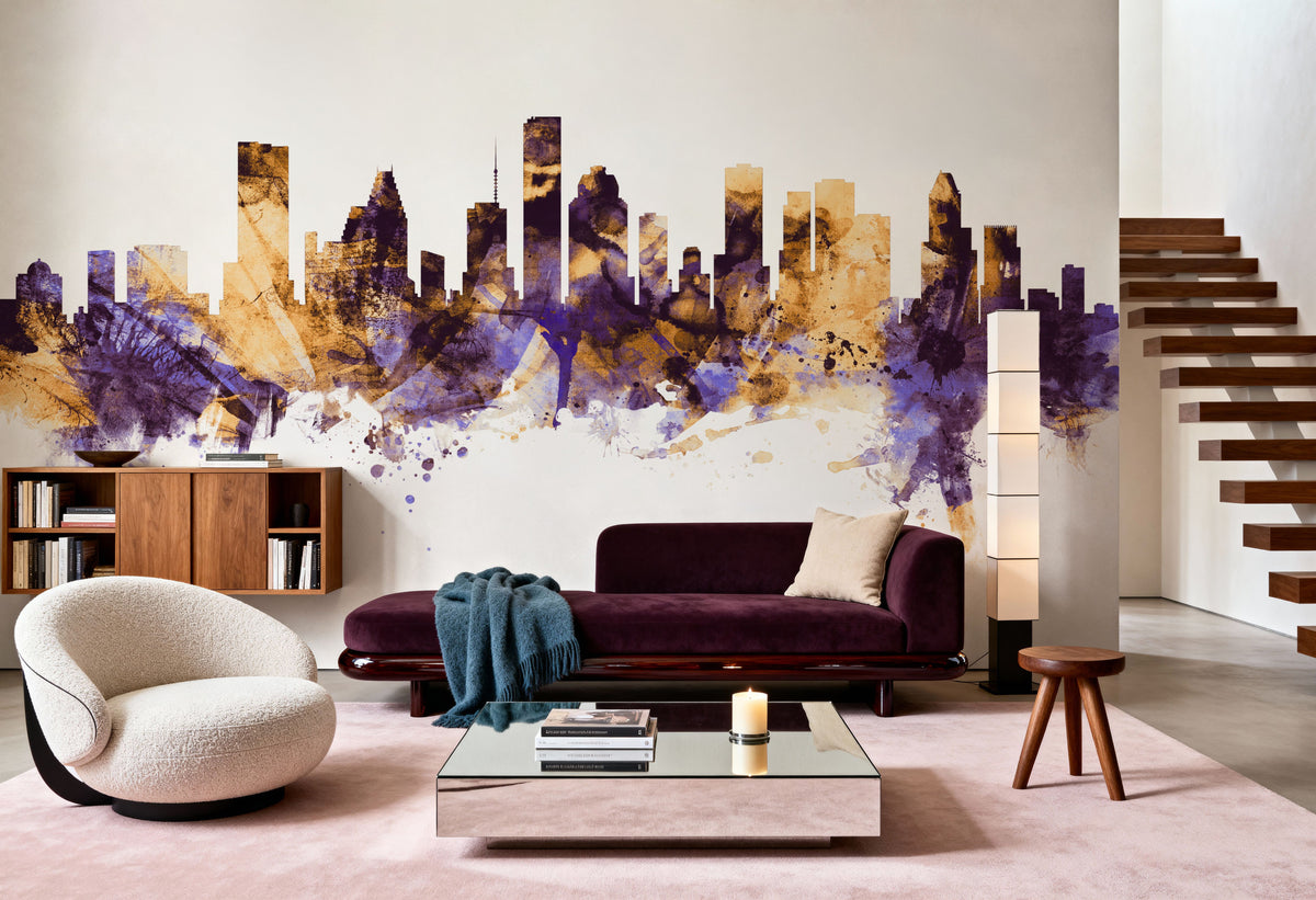 Houston Skyline Purple & Gold Mural Wallpaper - room preview 05
