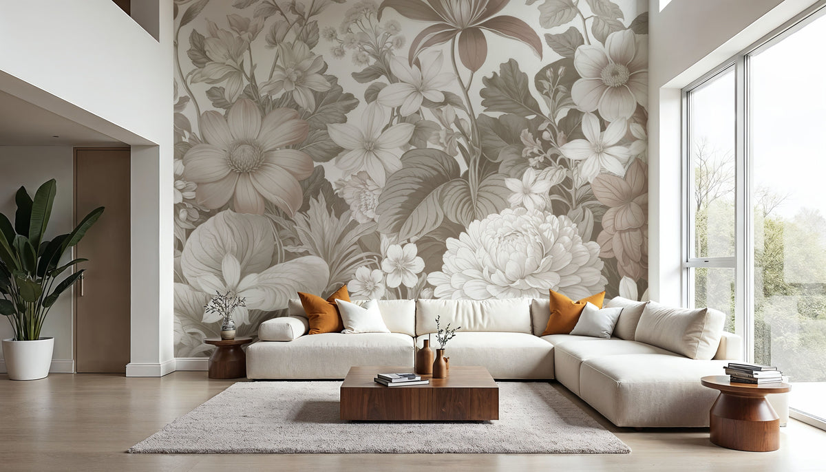Dahlia Days, Greige Mural Wallpaper - room preview 05