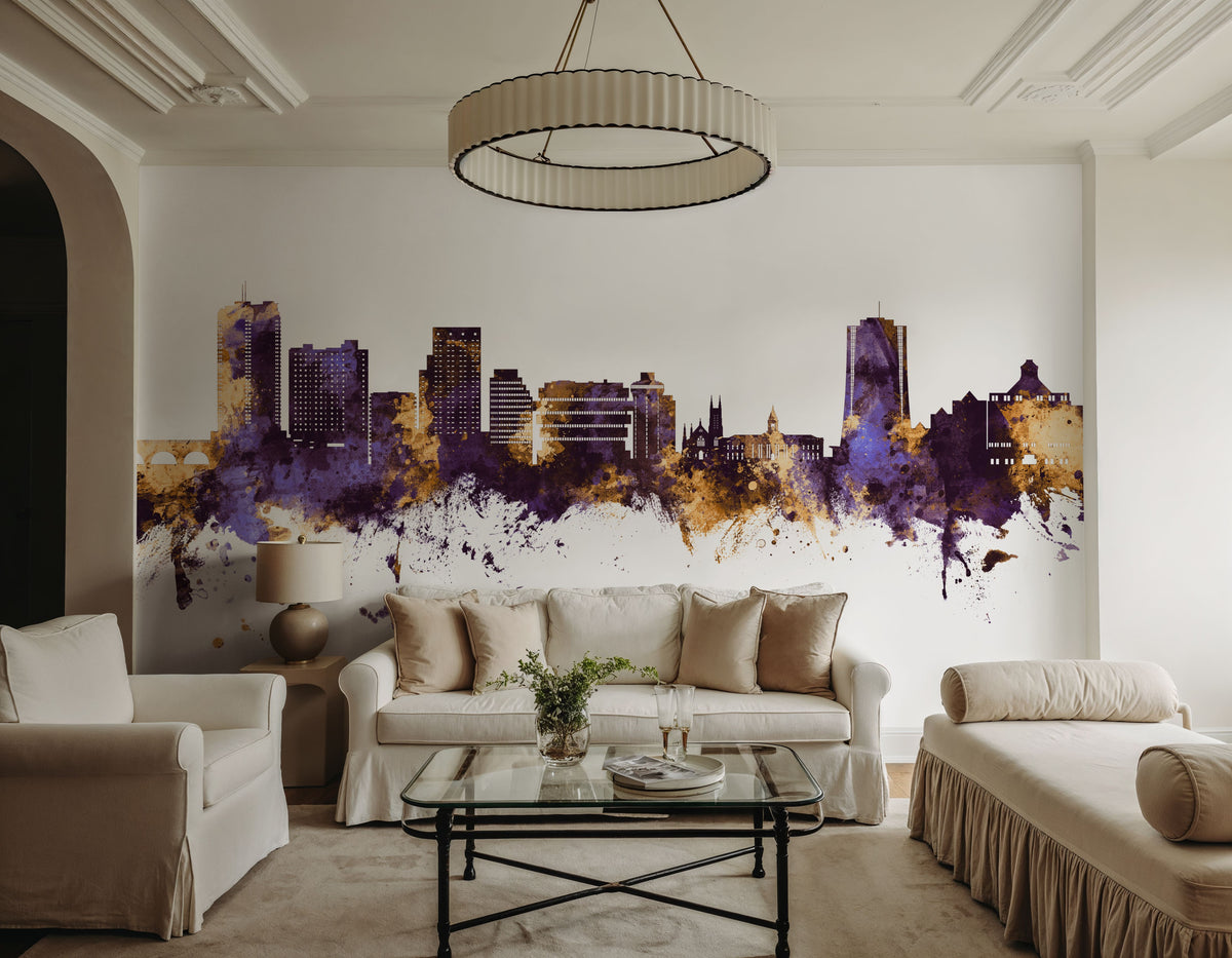 Stamford Connecticut Skyline Purple & Gold Mural Wallpaper - room preview 05
