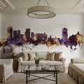 Stamford Connecticut Skyline Purple & Gold Mural Wallpaper - room preview 05
