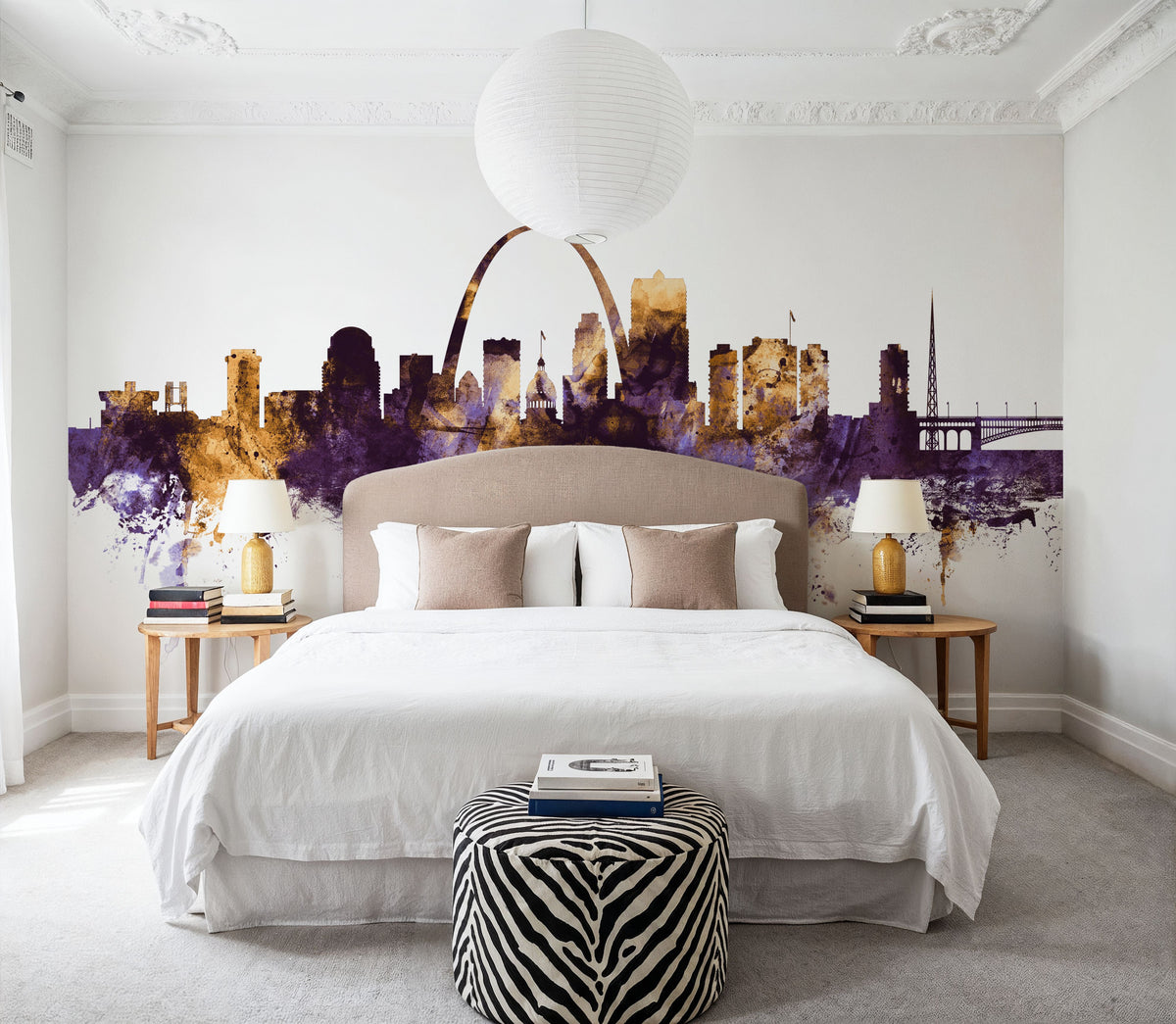 St Louis Missouri Skyline Purple & Gold Mural Wallpaper - room preview 05