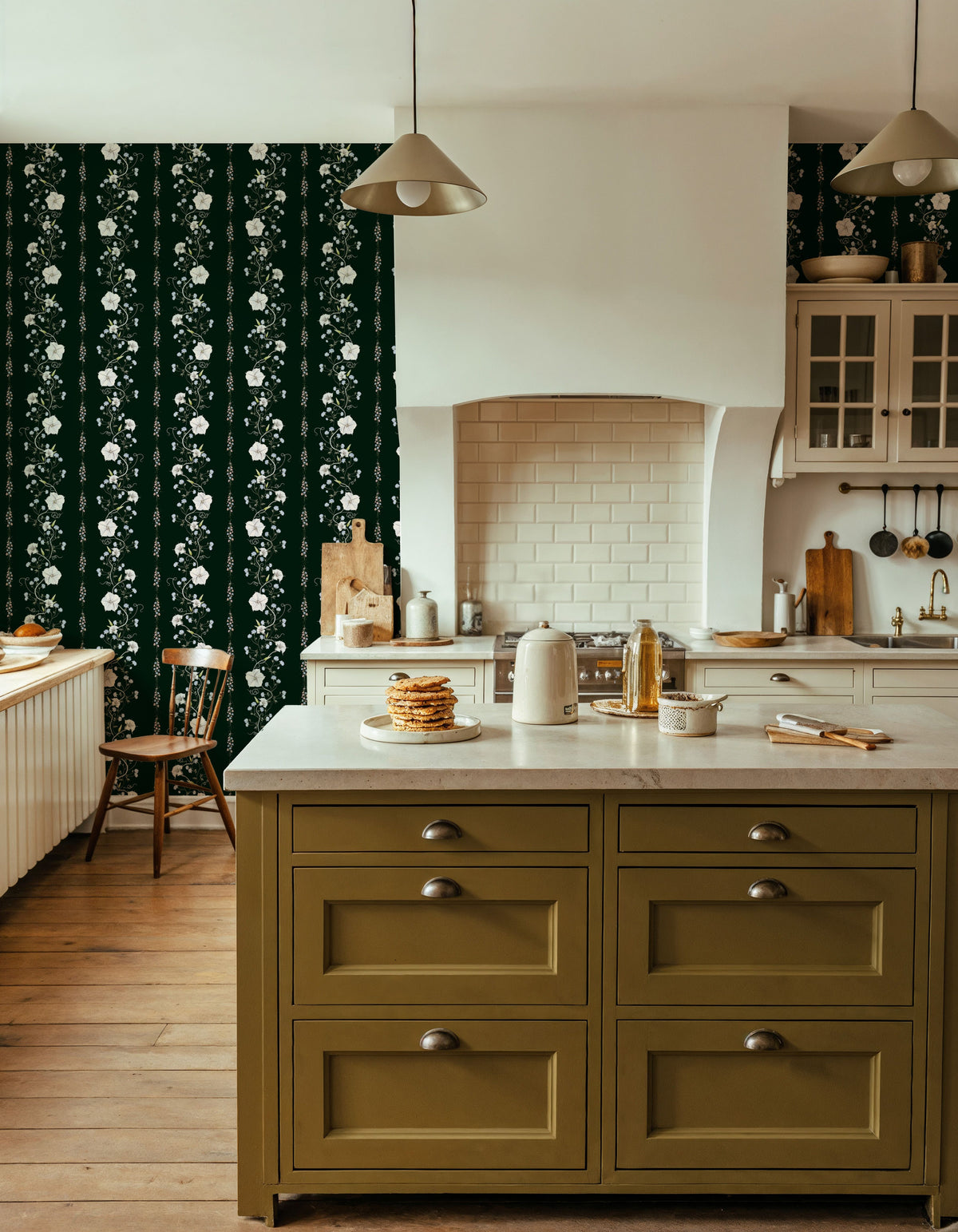 Trailing Flower Stripe, Dark Green Mural Wallpaper - room preview 05