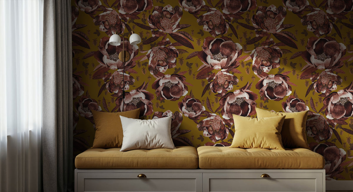 Pop Peonies, Rust & Mustard Mural Wallpaper - room preview 05