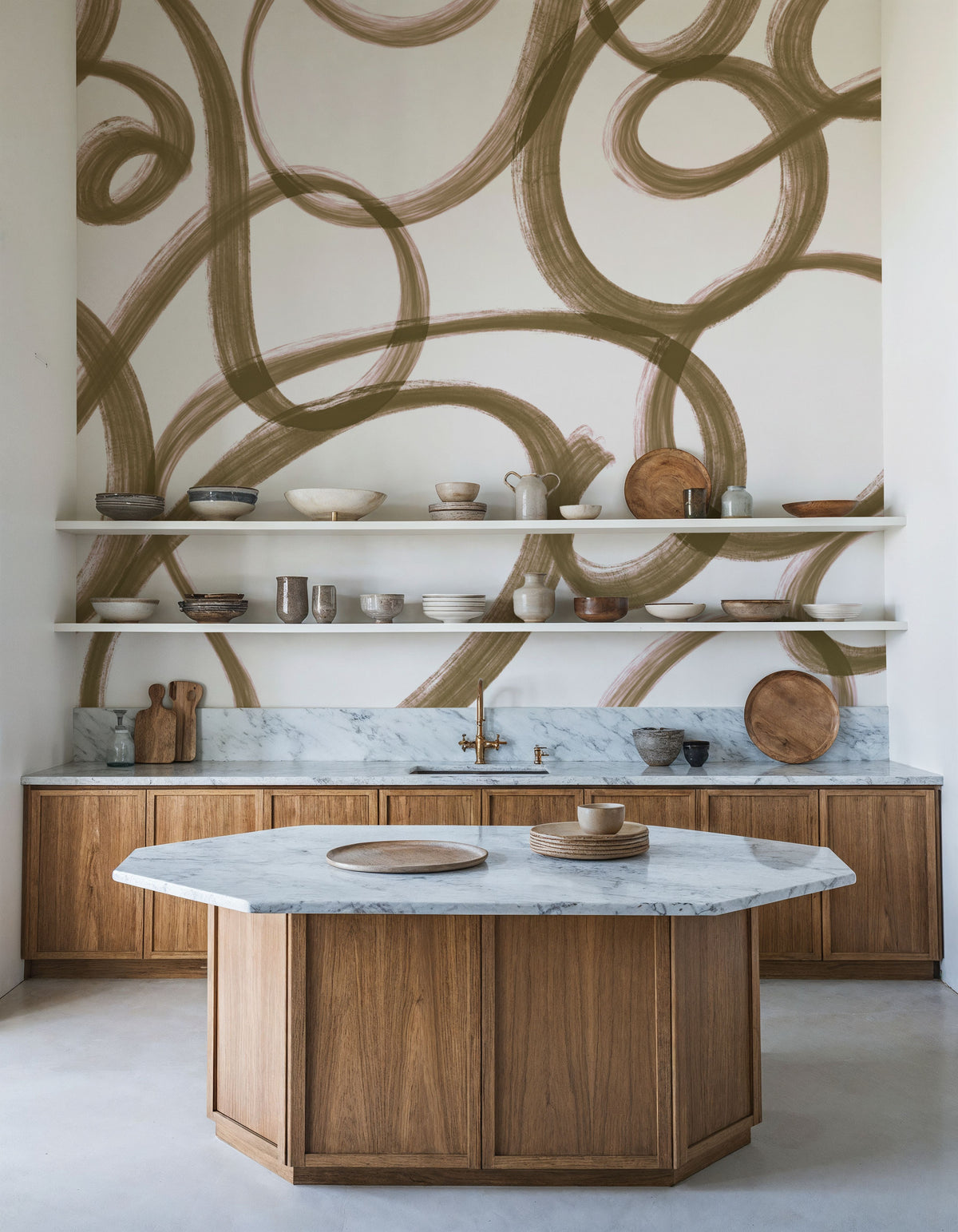 Curly Brush Lines, Beige Mural Wallpaper - room preview 05