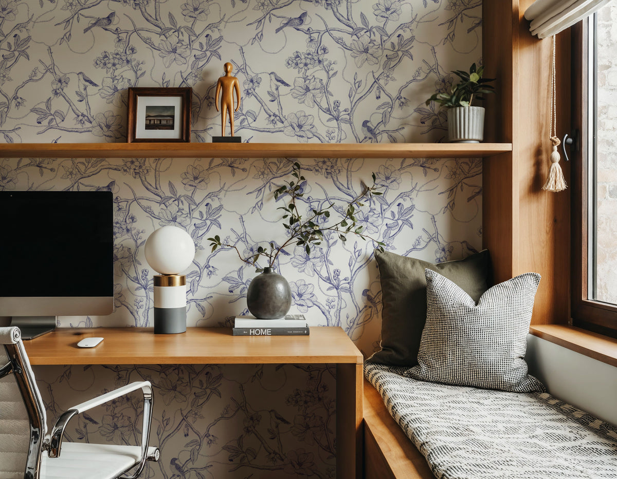 Trailing Tree of Life, Blue on White Mural Wallpaper - room preview 05