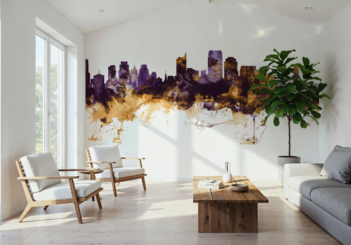 Sacramento California Skyline Purple & Gold Mural Wallpaper - room preview 05