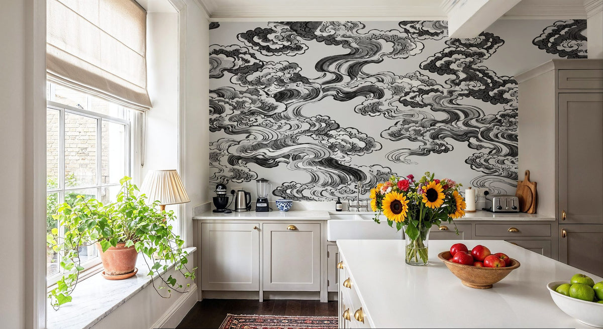 Ukiyo-e Clouds, Graphite Mural Wallpaper - room preview 05