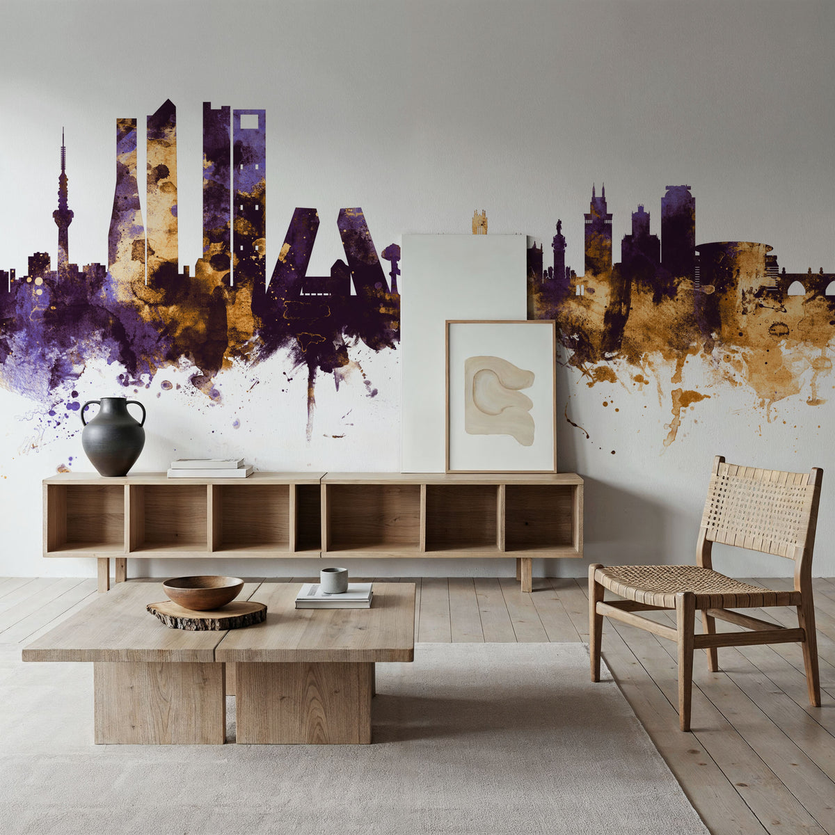 Madrid Skyline Purple & Gold Mural Wallpaper - room preview 05