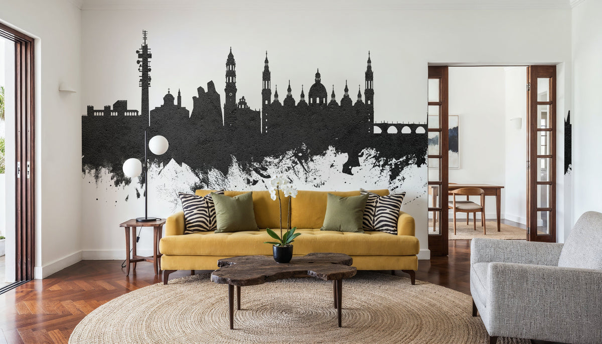 Zaragoza Spain Skyline Black & White Mural Wallpaper - room preview 05