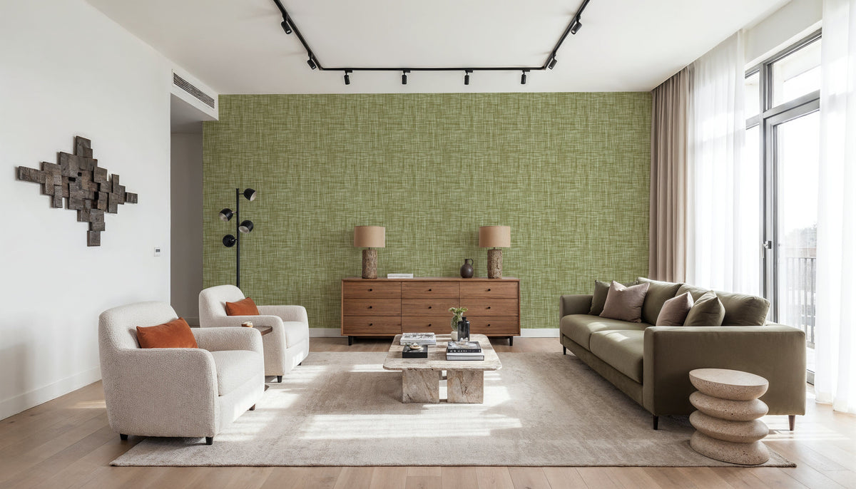 Mottled Linen Effect, Olive Green Mural Wallpaper - room preview 05