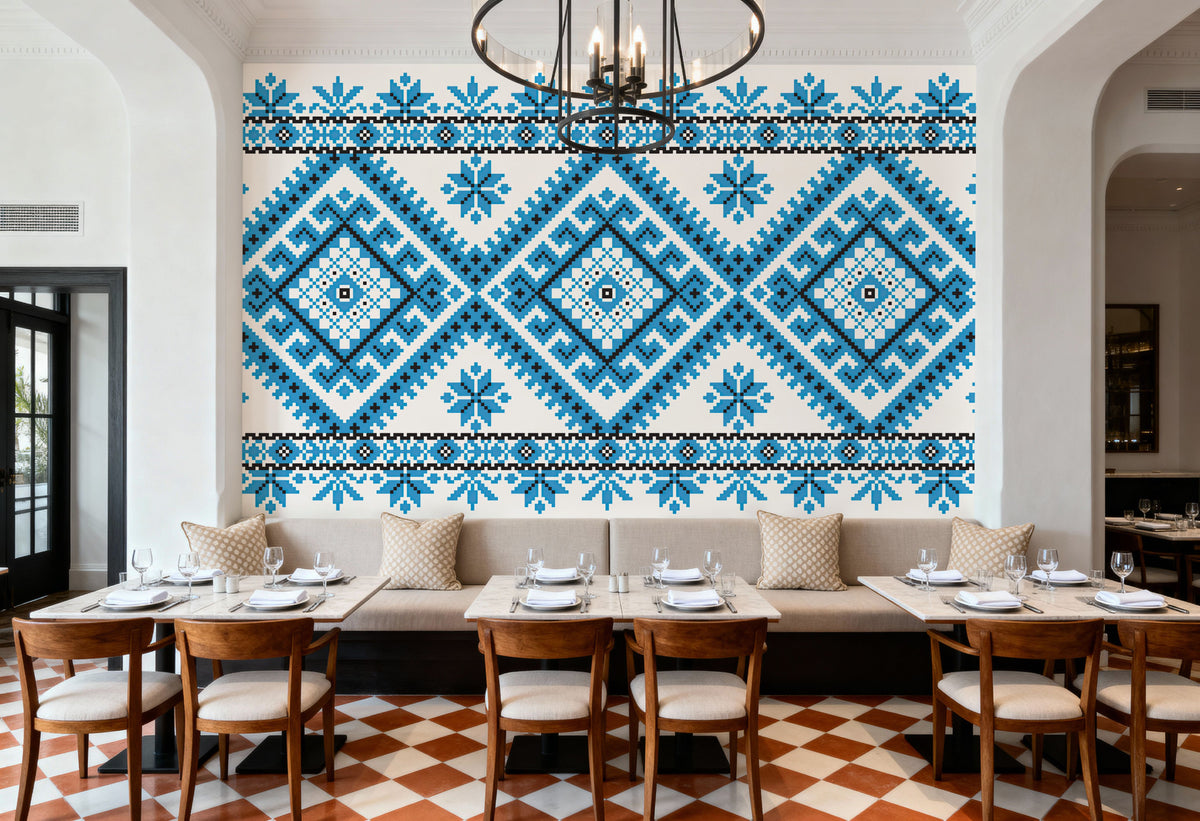 Pixel Embroidery Blue Mural Wallpaper - room preview 05