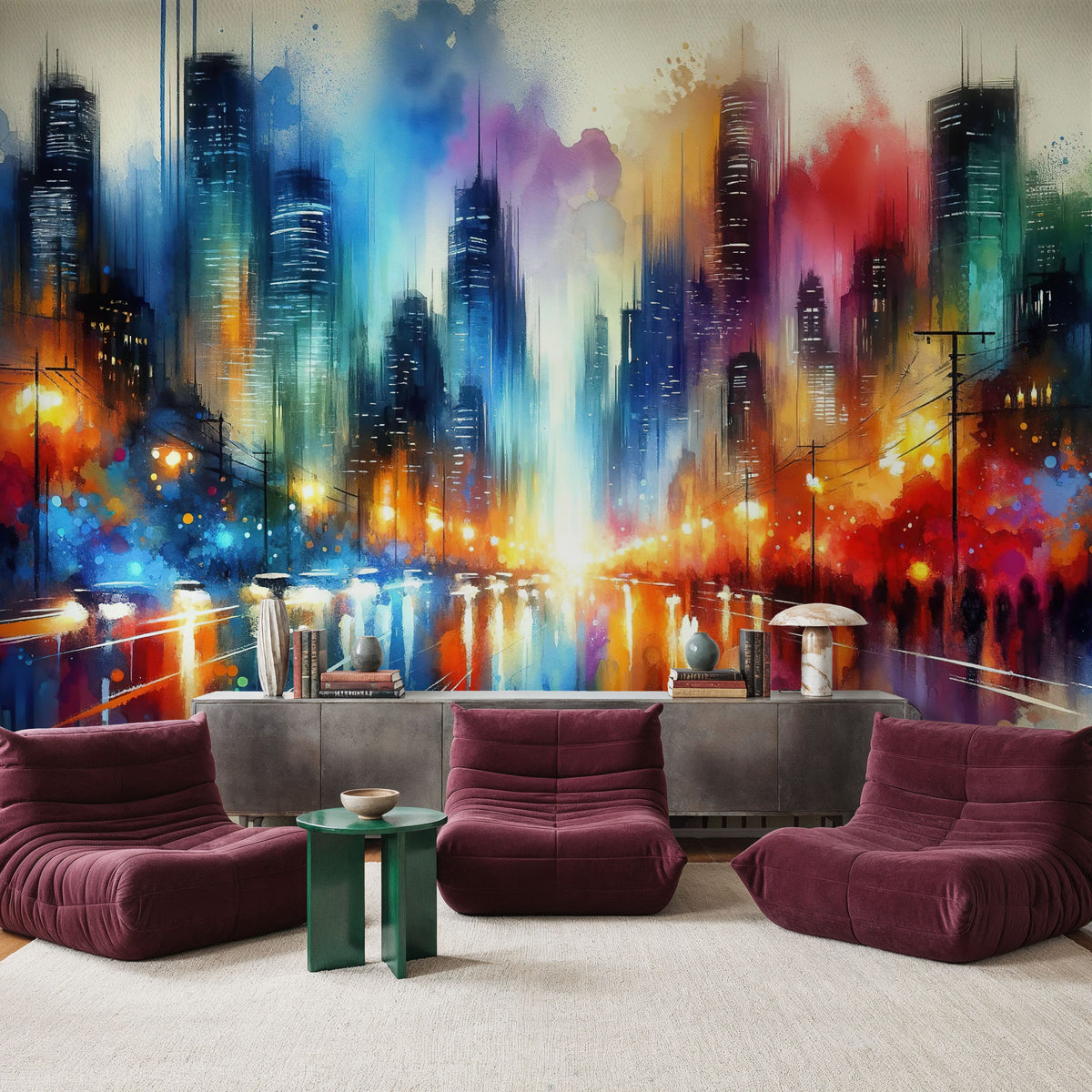 Watercolor Abstract Skyline At Night Mural Wallpaper - room preview 05
