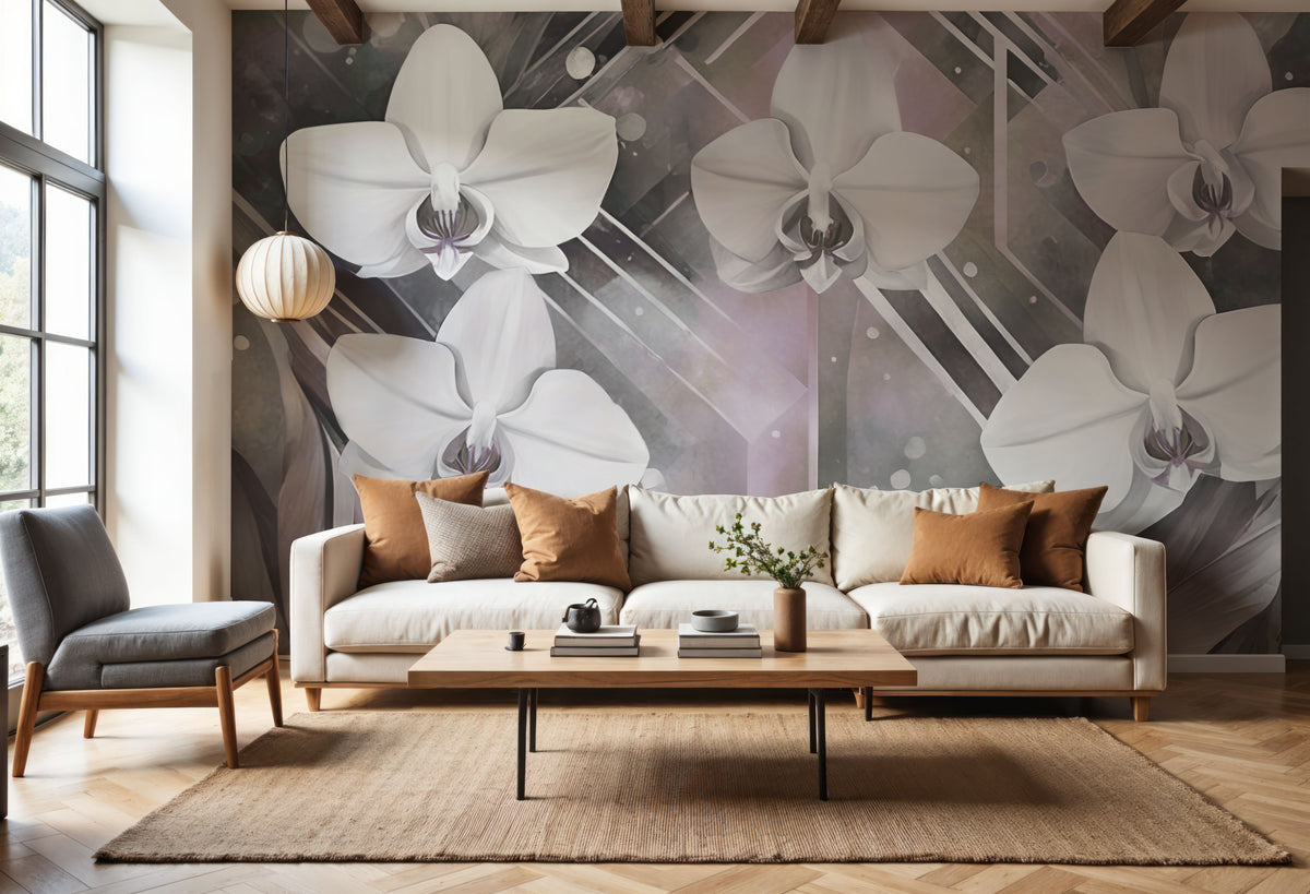 Geometry and Orchids Pink Mural Wallpaper - room preview 05