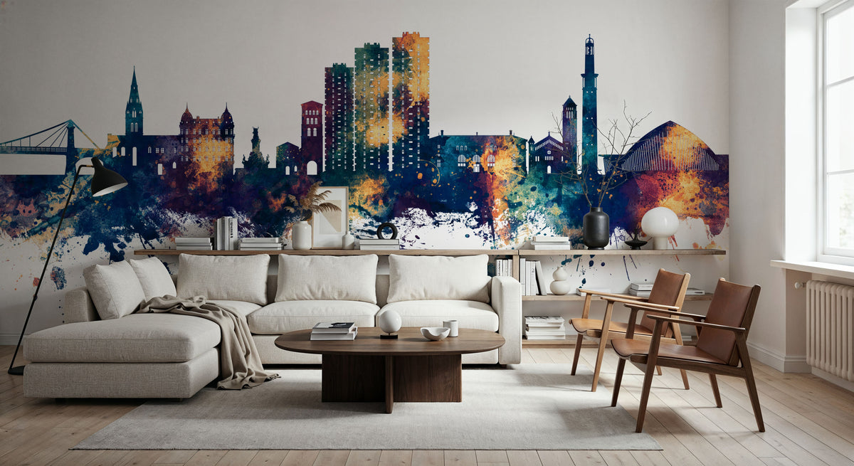 Grenoble Skyline Blue & Bronze Mural Wallpaper - room preview 05