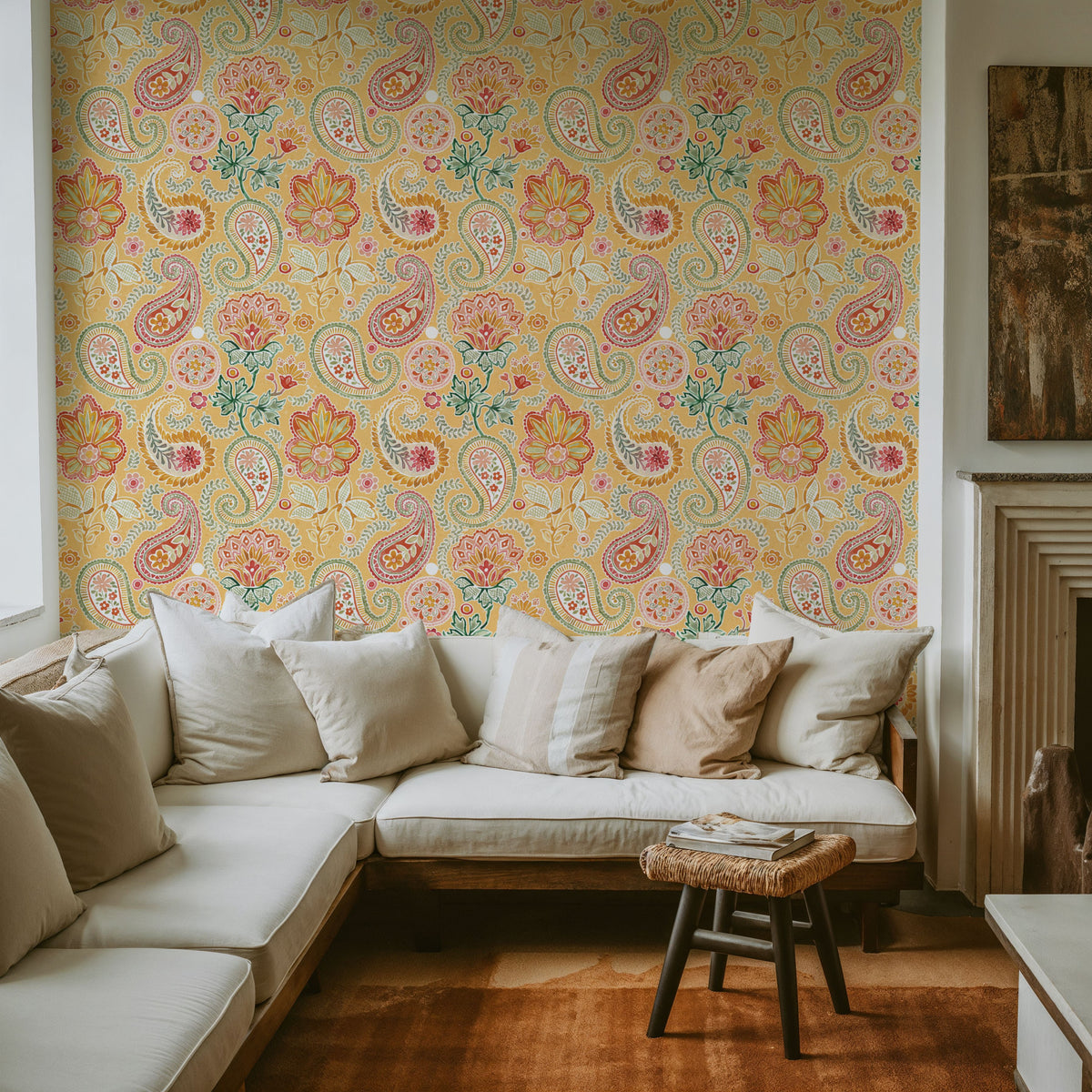 Harvest Paisley Mini Yellow Mural Wallpaper - room preview 05