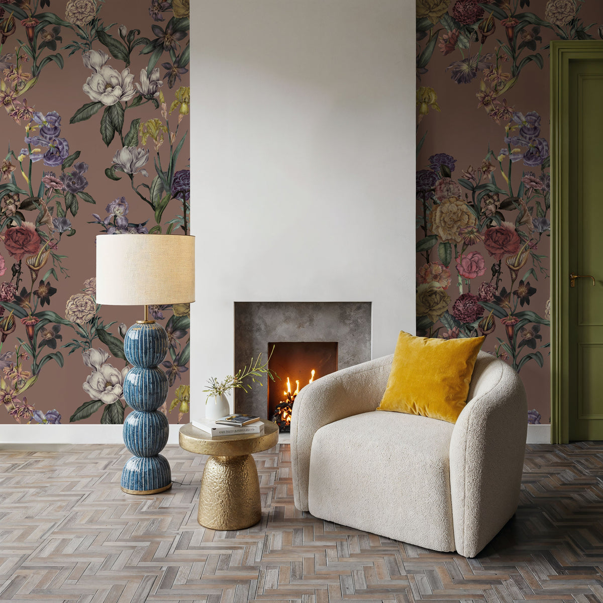 Floral Gaze, Peach Mocha Mural Wallpaper - room preview 05