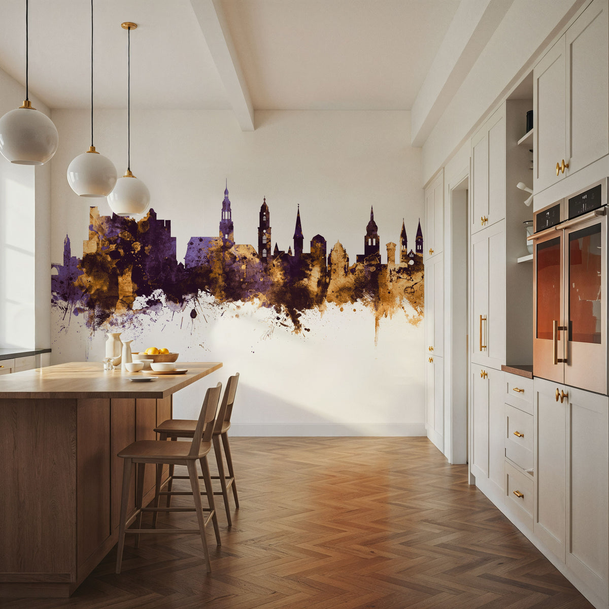 Heidelberg Germany Skyline Purple & Gold Mural Wallpaper - room preview 05