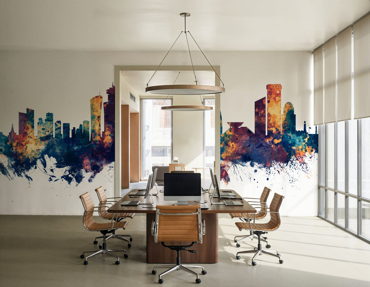 Doha Qatar Skyline Blue & Bronze Mural Wallpaper - room preview 05