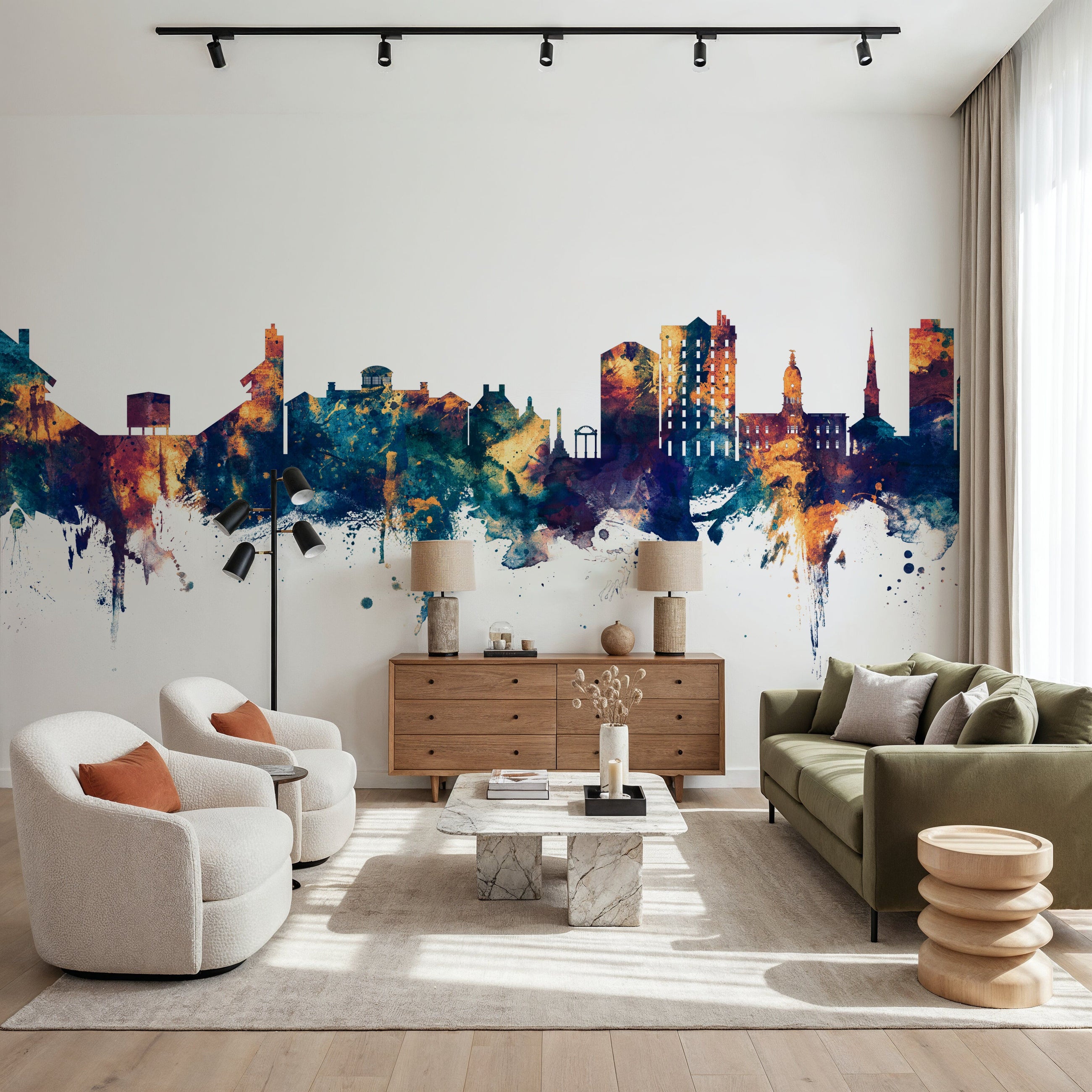 Athens Georgia Skyline Blue & Bronze Mural Wallpaper