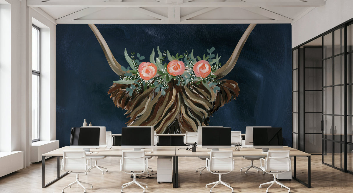 Longhorn with Rose Crown Dark Mural Wallpaper - room preview 05