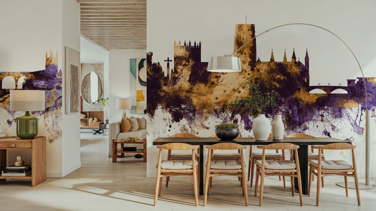 Durham England Skyline Purple & Gold Mural Wallpaper - room preview 05