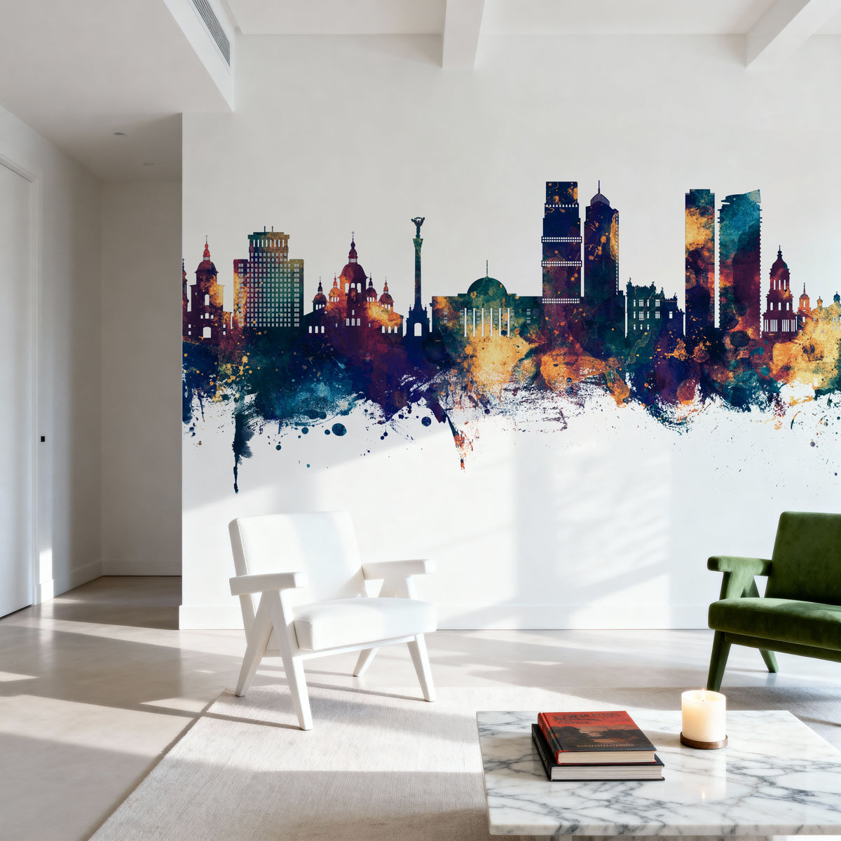 Kyiv Ukraine Skyline Blue & Bronze Mural Wallpaper - room preview 05