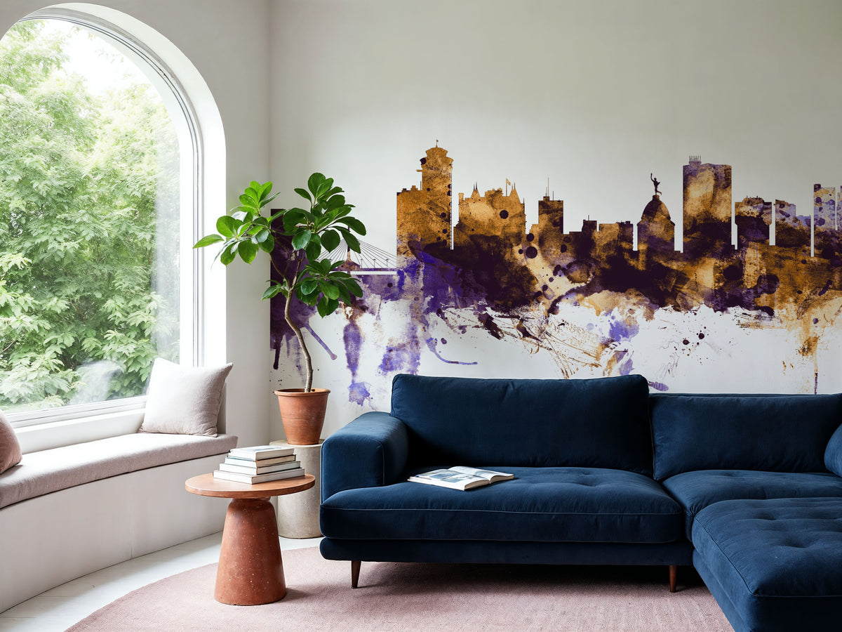 Winnipeg Canada Skyline Purple & Gold Mural Wallpaper - room preview 05
