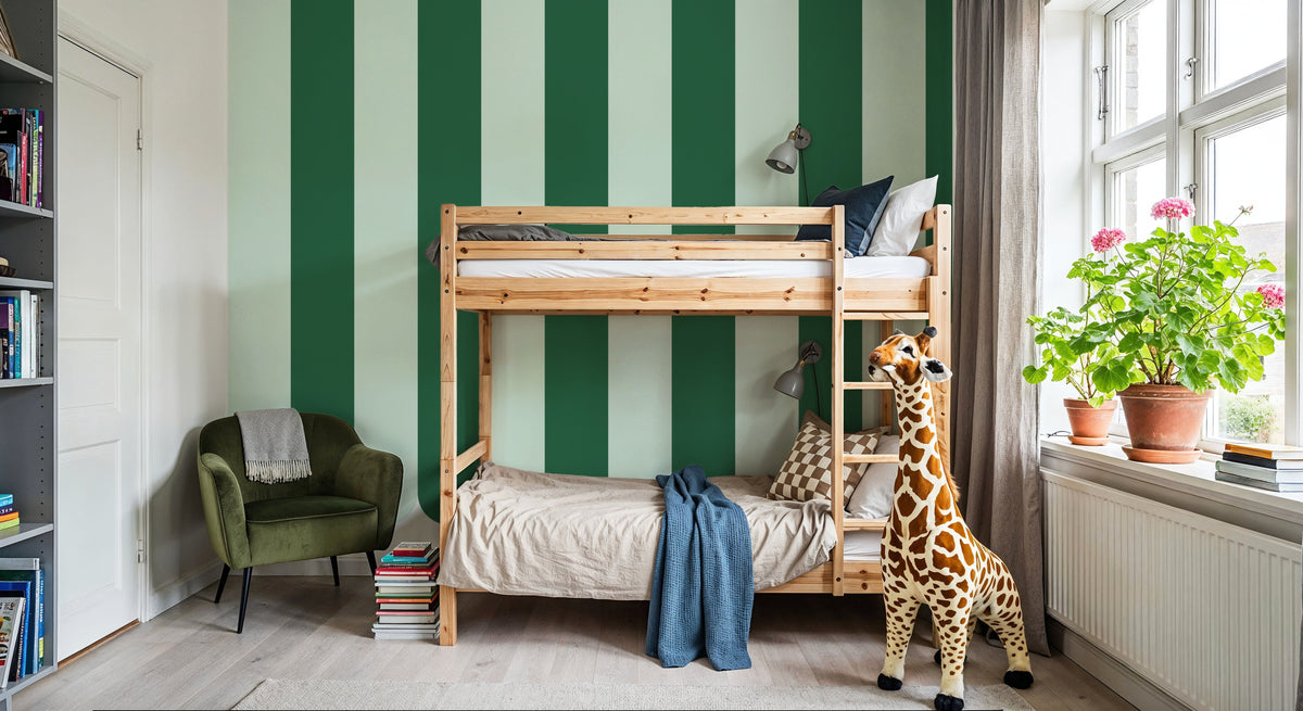 Scalloped Circus Stripes, Green on Green Mural Wallpaper - room preview 05