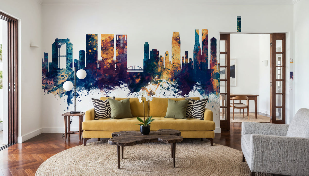 Osaka Skyline Blue & Bronze Mural Wallpaper - room preview 05