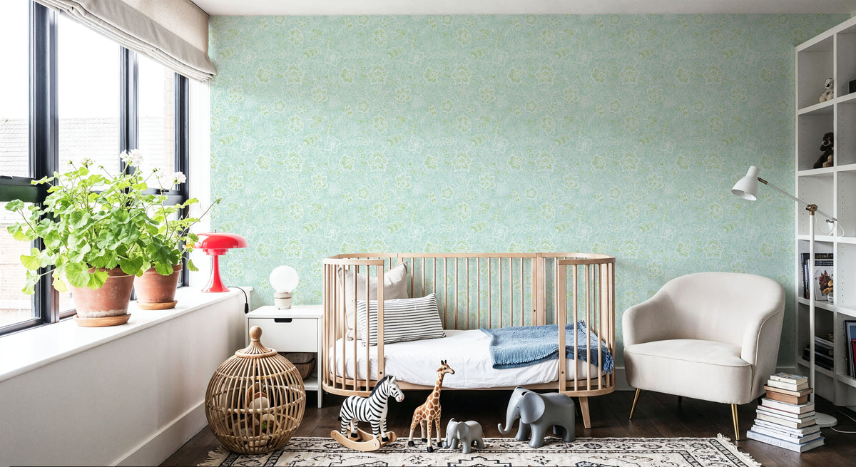Kala Flowers White on Mint Mural Wallpaper - room preview 05