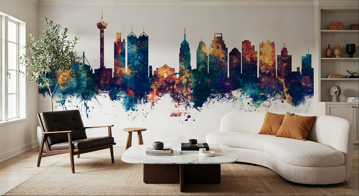 San Antonio Texas Skyline Blue & Bronze Mural Wallpaper - room preview 05