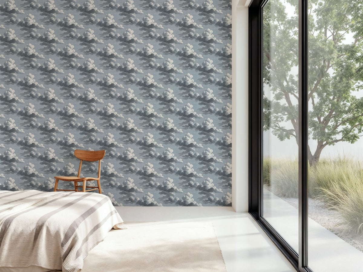 Intaglio Clouds Pattern, Ink Blue Mural Wallpaper - room preview 05