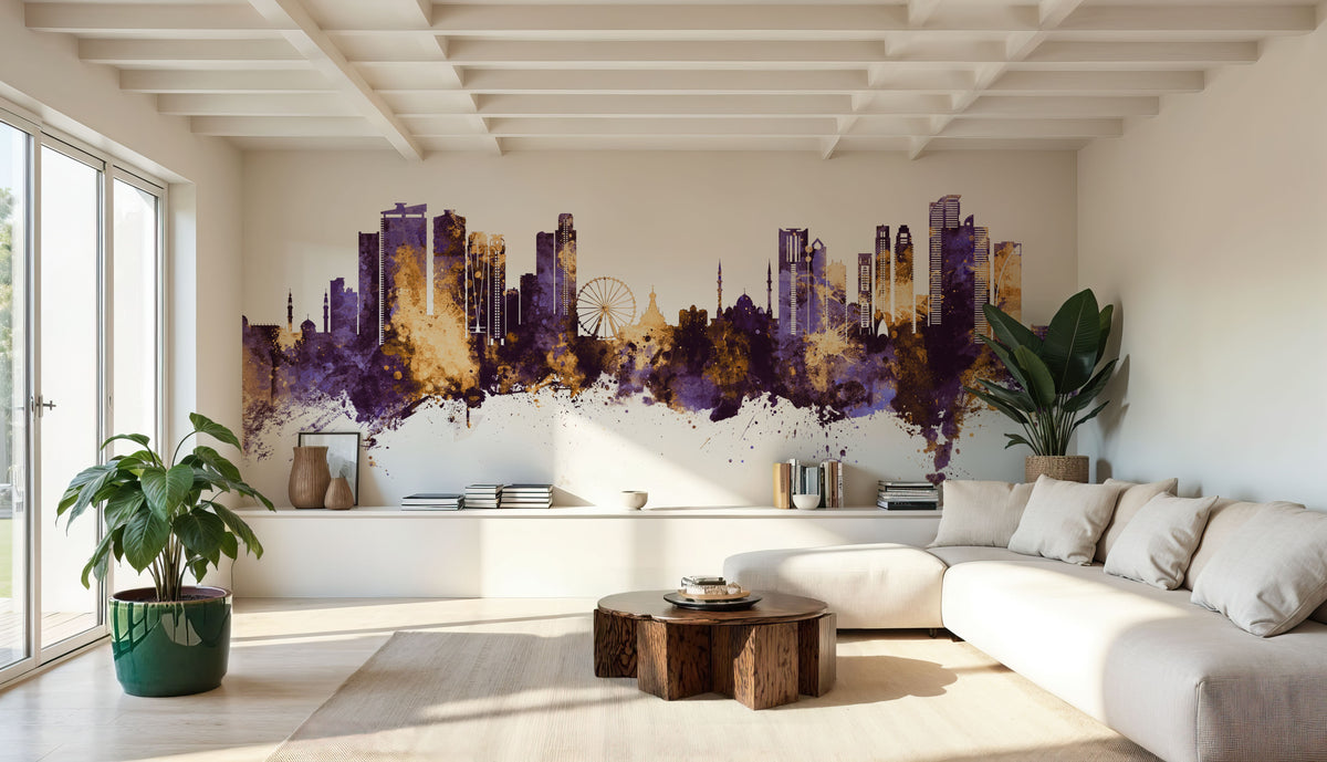 Sharjah Skyline Purple & Gold Mural Wallpaper - room preview 05