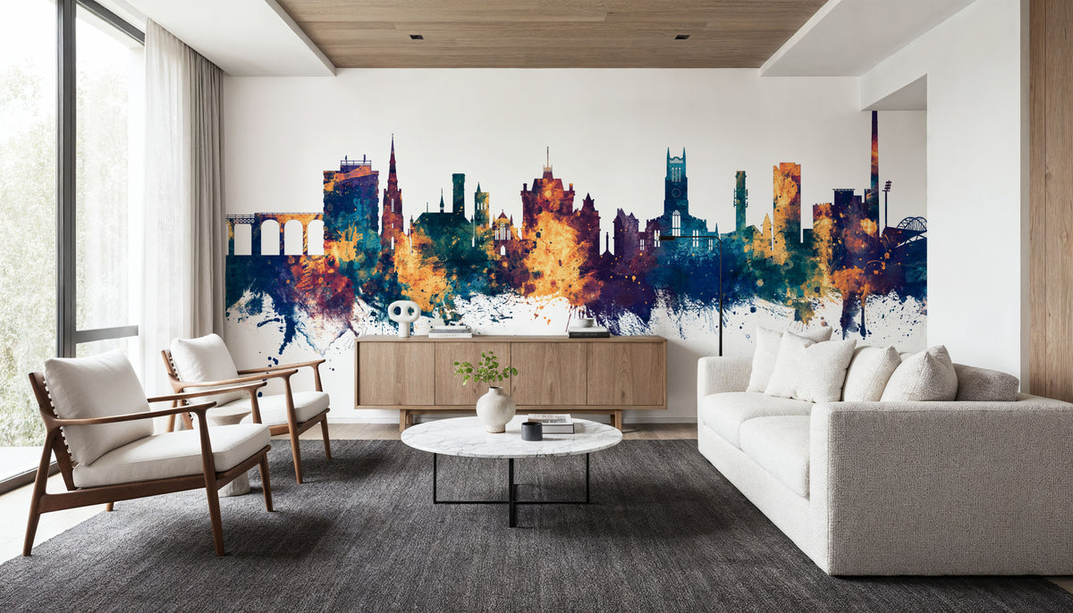 Huddersfield England Skyline Blue & Bronze Mural Wallpaper - room preview 05