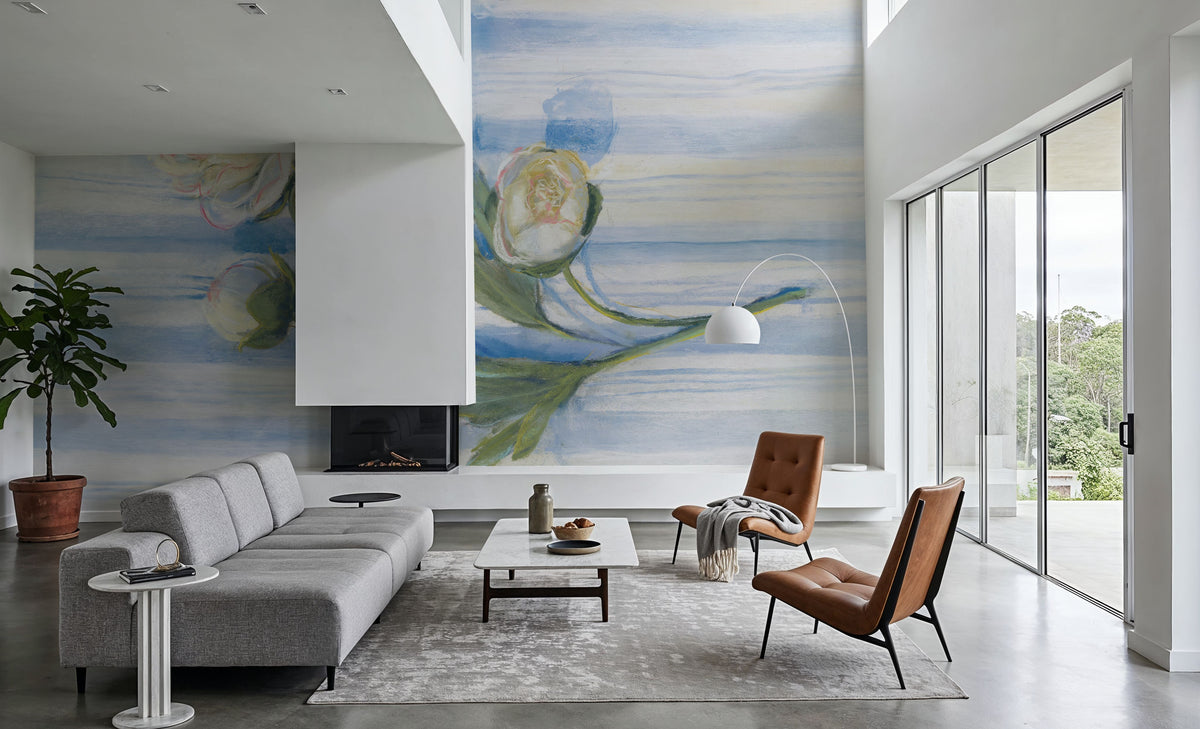 Peony on Blue Stripe Mural Wallpaper - room preview 05
