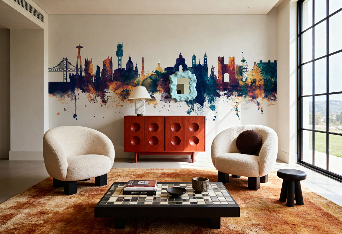 Lisbon Portugal Skyline Blue & Bronze Mural Wallpaper - room preview 05