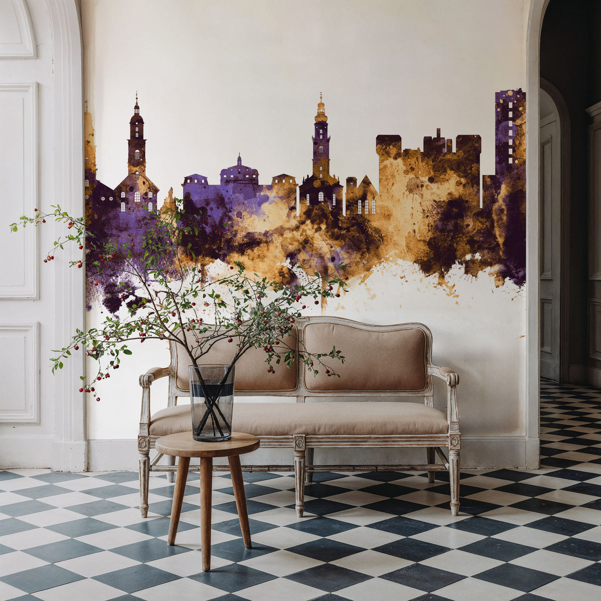Erlangen Germany Skyline Purple & Gold Mural Wallpaper - room preview 05